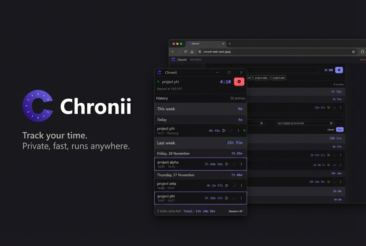 Chronii app mockup (dark)